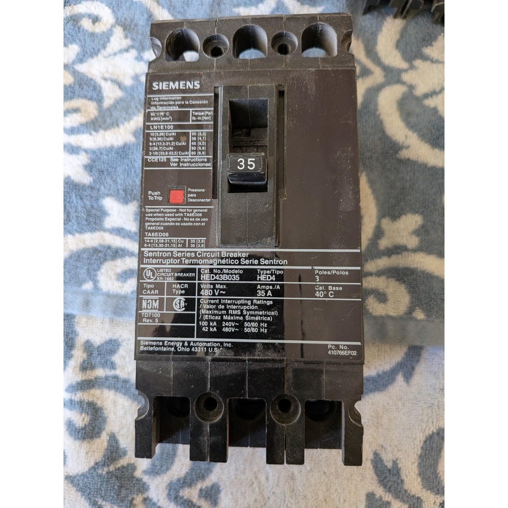 Siemens HED43B035 35 Amp 3 Pole 42kaic @ 480 Volt HED4 Circuit Breaker